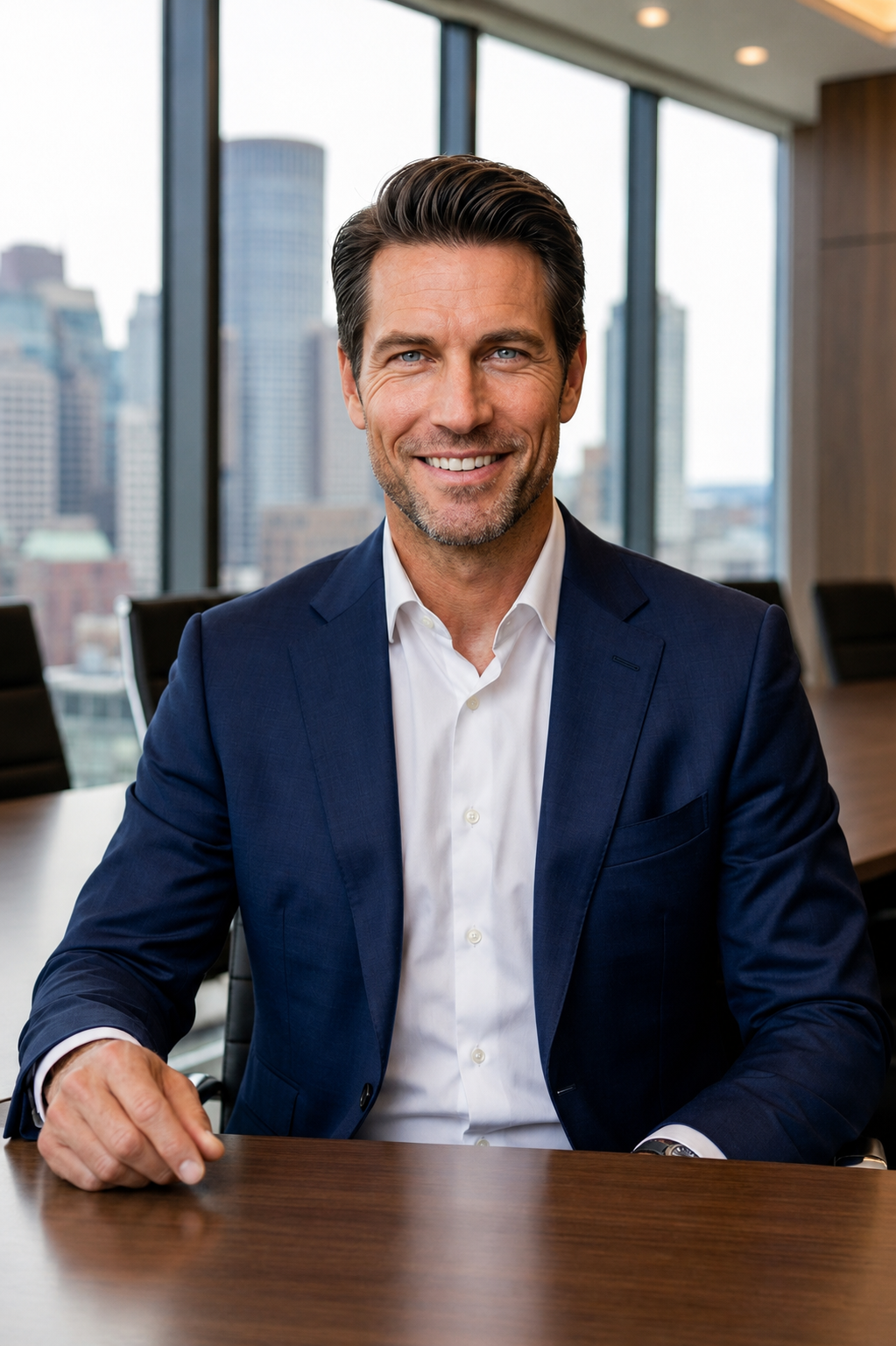 Cole Mercer, FLIP Investor Educator, in a downtown boardroom