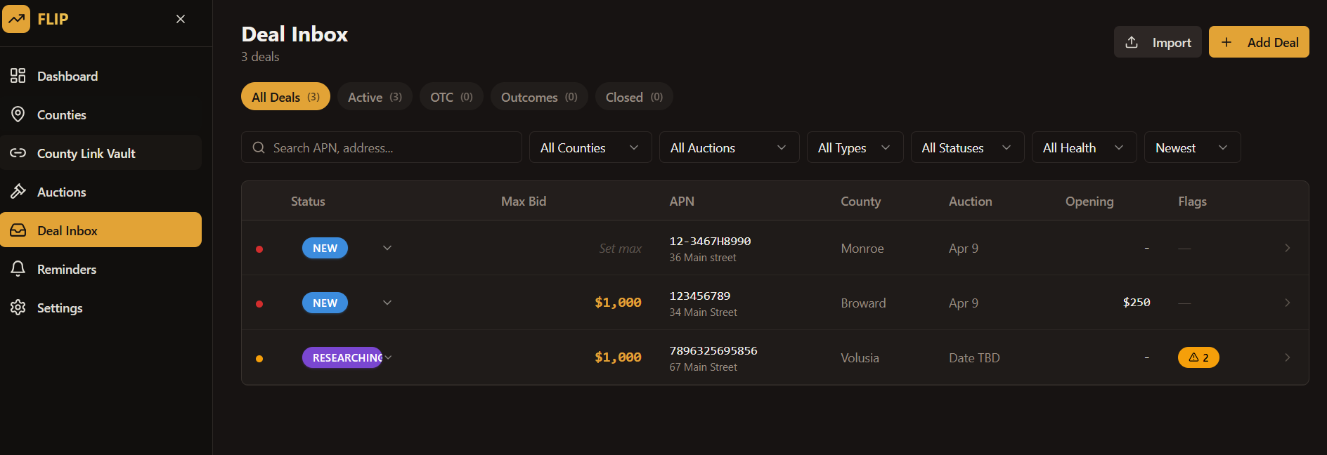 FLIP Florida tax lien deal inbox dashboard